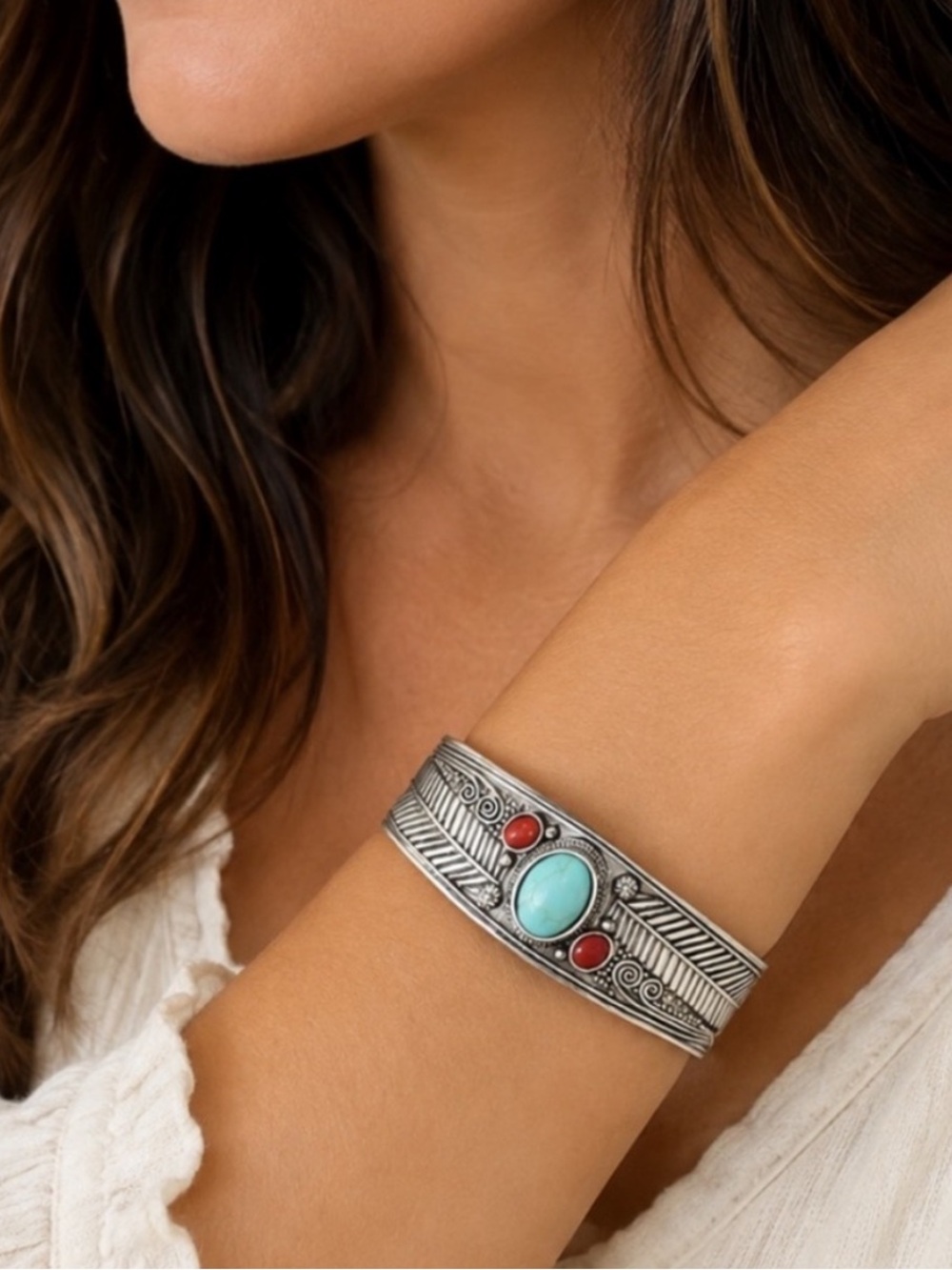 Southwestern Vintage Silver Turquoise & Red Coral Feather Stamp Cuff Bracelet